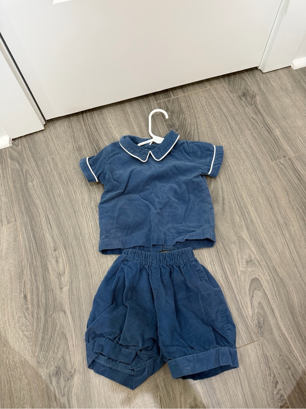 Kids Blue Cotton Two-Piece Matching Set with White Trim corduroy